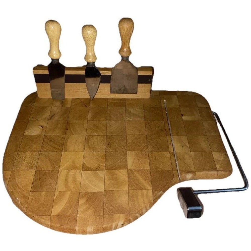 Vintage MCM Prodyne Magnetic Wood Cheese Board‎ - Wire Cutter & 3 Knife Set